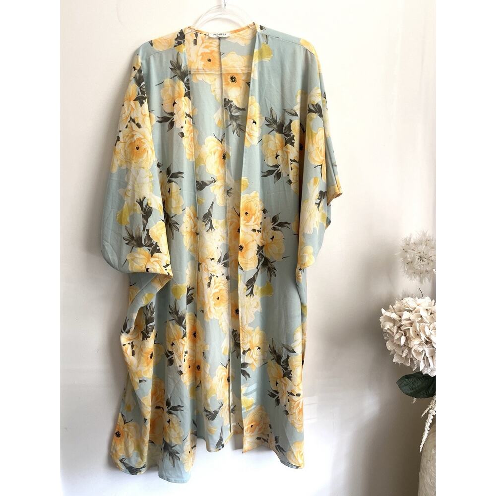 Women’s Floral Duster Kimono Size Large 3/4 Boho Romantic Cottage Garden Whimsy